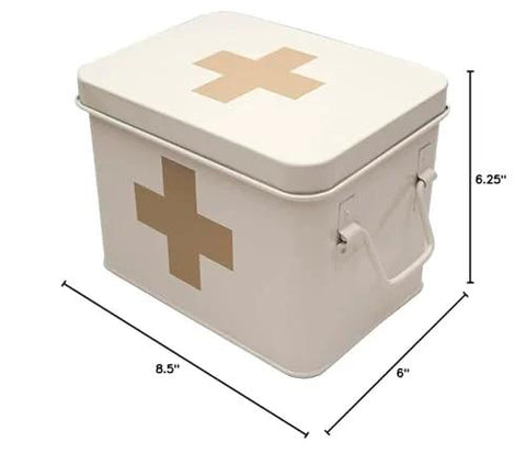 Retro enameled metal first aid box by Amazon, cream with beige cross, lid and removable tray (8.5x6x6.25 inches).