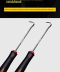Front view of two automotive pick tools with curved chrome hooks and black/red ergonomic handles.