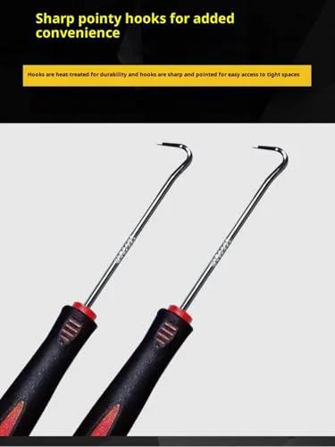Front view of two automotive pick tools with curved chrome hooks and black/red ergonomic handles.