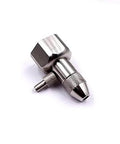 Side view of waterjet diamond cutting head assembly, stainless steel with knurled nozzle and hex body.