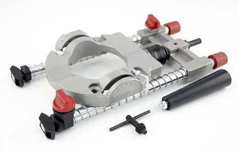 Richelieu R77229 multi-angled drill guide attachment, silver with red knobs for 1/4 and 3/8 inch drills.