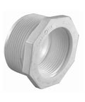 PVC Reducer Bushing Mpt To Fpt 2 Inch By 1-1/4 Inch White Schedule 40 Plumbing Fittings For Potable Water And Irrigation Solvent Cement Ready No Special Tools Needed, white PVC threaded reducer bushing