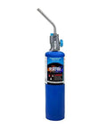 Trigger Start Gas Welding Torch Head For Propane And MAP PRO Fuel, 1.5 Inch Extension Nozzle, vertical view on blue tank