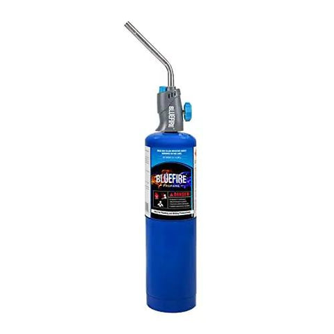 Trigger Start Gas Welding Torch Head For Propane And MAP PRO Fuel, 1.5 Inch Extension Nozzle, vertical view on blue tank