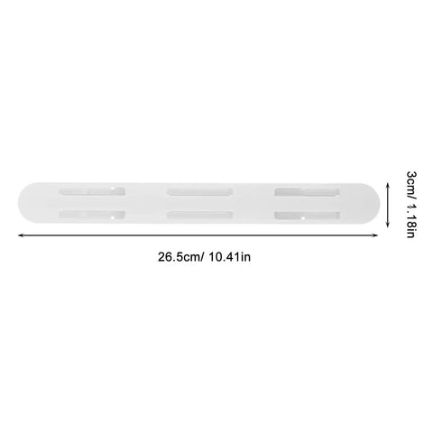 Four Pack Heavy Duty Self Adhesive Bottom Mount Drawer Slides Full Extension Glide Rails measuring 26.5cm by 3cm in white plastic.