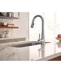 Slick Spot Resist Stainless One Handle Single Hole Pull Down Kitchen Faucet Featuring Power Boost Technology and Wrench Free Quick Connect.