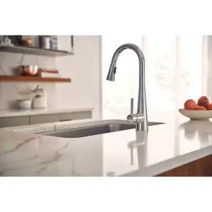 Slick Spot Resist Stainless One Handle Single Hole Pull Down Kitchen Faucet Featuring Power Boost Technology and Wrench Free Quick Connect.