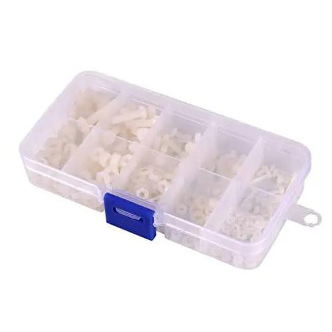 Nylon Screw Nut Washer Assortment Kit M2 To M5 With 270 Pieces in clear box for DIY projects, RC models, drones, electronics, hobby repairs.