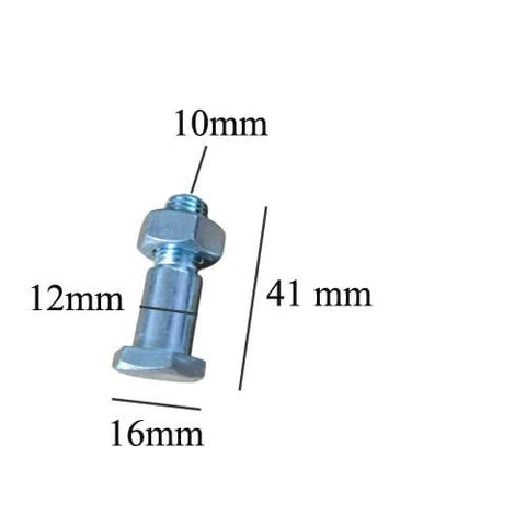 Close-up of blue zinc-coated motorcycle kickstand mounting bolt with nut, 41 mm long