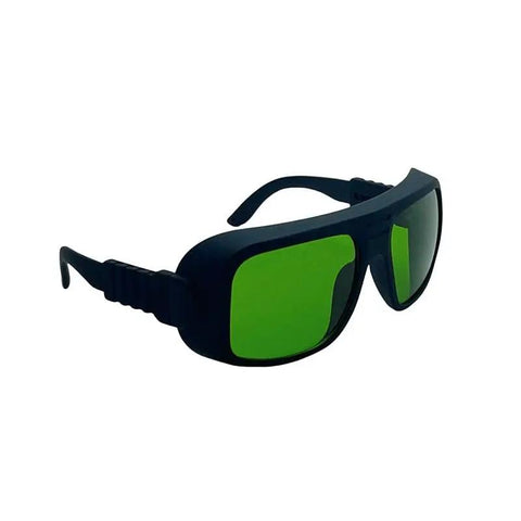 Pro Grade Laser Safety Glasses For 635Nm 808Nm And 980Nm Heavy Duty Protective Eyewear with green lenses and black frame.