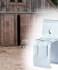 Beefy Heavy Duty Box Rail Hanger Brackets for Barn Doors, galvanized steel, shown installed on a wooden barn