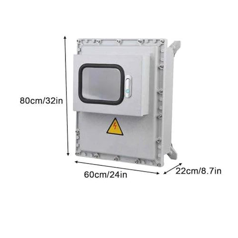 Waterproof outdoor junction box in cast aluminum with viewing window, lock, and mounting plate (front view).
