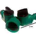 50 Piece Badass Dual Hose Splitters Featuring Instant Auto Shut Off Valves And Durable Green Plastic Build Perfect For Twisting Garden Water Lines Without Dripage Standard One Half Inch Bore Compatibility close-up showing dual hose splitter dimensions.