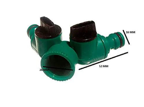 50 Piece Badass Dual Hose Splitters Featuring Instant Auto Shut Off Valves And Durable Green Plastic Build Perfect For Twisting Garden Water Lines Without Dripage Standard One Half Inch Bore Compatibility close-up showing dual hose splitter dimensions.
