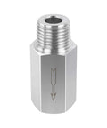 Front view of stainless steel 3/8-inch NPT male x female check valve with hex body and flow arrow.