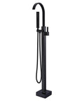 Dope Matte Black Floor Mount Tub Filler With Brass Shower Mixer And Handheld Sprayer 59 Inch Hose One Half Inch Hot Cold Lines