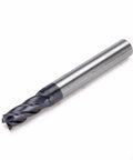 Side view of solid carbide end mill with four flutes, AlTiN-coated, 0.5 mm diameter