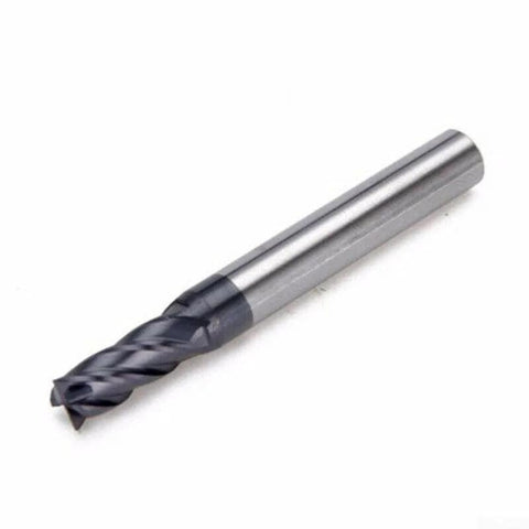 Side view of solid carbide end mill with four flutes, AlTiN-coated, 0.5 mm diameter