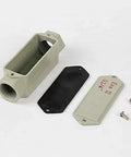 Explosion-proof three-way junction box with gray metal housing, gasket, cover plate, and screws.