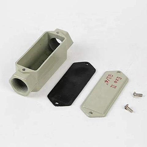 Explosion-proof three-way junction box with gray metal housing, gasket, cover plate, and screws.