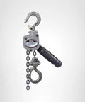 Front view of JET 1/4-ton mini-puller lever hoist with 10 ft lift; gray metal body, black grip handle, steel chain and hooks