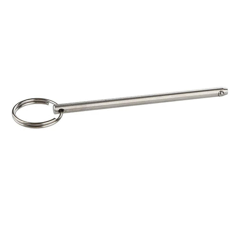 Side view of a long stainless steel quick-release pin with a ring at the end.