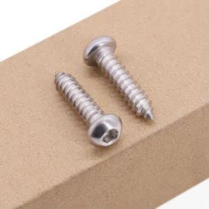 Close-up of Button Head Socket Cap Screws Set For Sheet Metal And Wood M4 X 35mm 60 Pieces 304 Stainless Steel on a wooden surface.