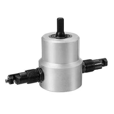 Double Headed Sheet Metal Nibbler Cutter For Drills 360 Degree Adjustable shown in metal drill attachment form
