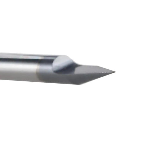 Close-up of Top Shelf Carbide V Groove Router Bit from 10 Piece Set, 3.175mm shank for wood and metal engraving.