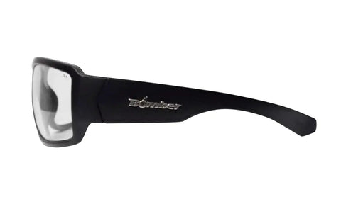 Side view of Clear Safety Glasses For Men And Women With Matte Black Frame And Clear Lens ANSI Z87 Plus Compliant Non Slip Gray Foam Padding