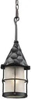Rustica Outdoor Pendant Light With Hammered Iron Roof And Cage Shade, Matte Black Finish, Eighteen Inch Height, White Scavo Glass