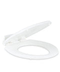 Top Shelf Heavy Duty Wooden Toilet Seat With Smooth Slow Close Action For Rv Gravity Flush Toilets White Universal Fit Replacement Cover Viewed from the side.