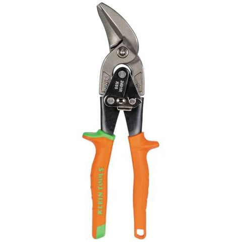 Front view: Klein Tools 2401R right-cutting offset aviation tin snips with forged blade, orange/green handles