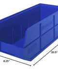 Heavy Duty Stackable Shelf Bin Organizer Set For Workshop And Garage With Raised Front Opening Waterproof And Rust Resistant Polypropylene 20.5 In L By 8.25 In W By 7 In H Six Pack, blue bin with dimensions.