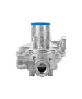 Front view of RV two-stage propane regulator with blue cap for smooth gas flow under fluctuating pressure.