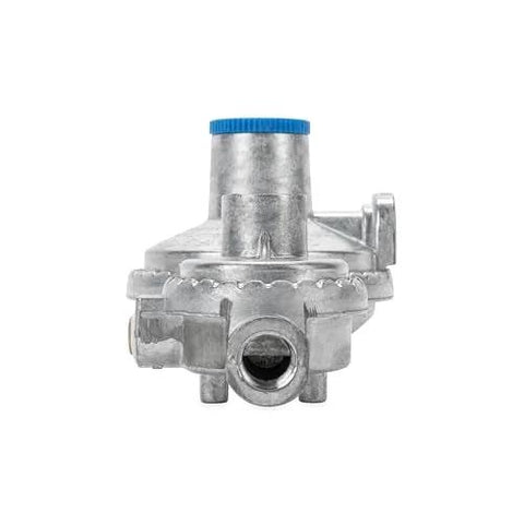 Front view of RV two-stage propane regulator with blue cap for smooth gas flow under fluctuating pressure.
