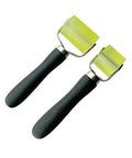 Front view: two yellow car sound-deadener rollers with black handles; wheel sizes 2 in and 1.2 in.