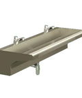 Top Tier Wall Mount Stainless Steel Bathroom Sink Commercial Trough Wash Basin Solid 304 Grade Steel Twin Station Setup with faucets.