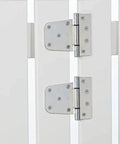 Extra Heavy Duty Gate Hinges Zinc Plated 2 Pack for Wood Steel and Vinyl Gates installed on a white gate