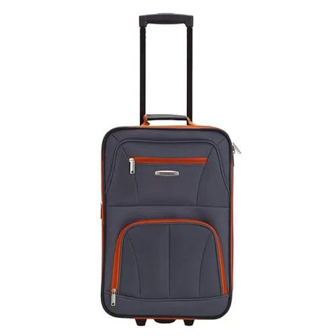 Rockland luggage set, expandable softside upright; front view in charcoal with orange zipper accents