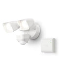 Smart Outdoor Lighting Wired Floodlight Bundle White delivers bright illumination with adjustable dual lights and sensor on a wall mount.