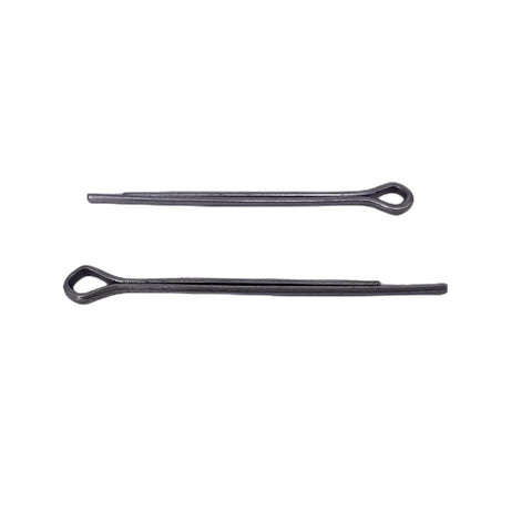 Two black metal looped-end retaining pins for trailer wheel bearings
