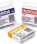 Assorted Helicoil thread repair insert packs in red, yellow, blue for fixing stripped threads, useful in various materials.