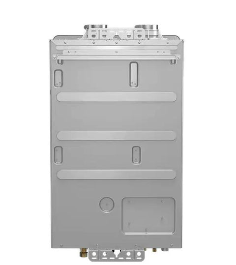 No Sweat Setup Indoor Condensing Tankless Water Heater 180 Mbtu Natural Gas Propane Heavy Duty rear view with gray finish.