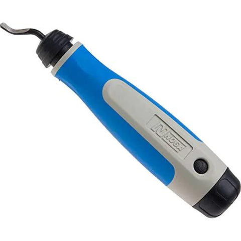 Noga heavy-duty deburr tool with 3 blades, blue handle and gray grip, side view