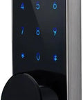 Built Tough Zinc Alloy Electronic Deadbolt Lock With A Slick Touchscreen Keypad Password Keyless Entry Setup close-up view with illuminated keypad.