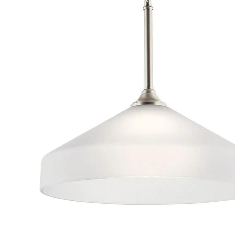 Swanky 15 Inch One Light Pendant In Satin Etched Glass With Brushed Nickel Finish over counter view.