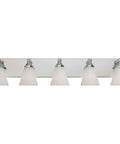 Front view of Hudson 5 Light Bathroom Vanity Fixture in Chrome with White Opal Glass Damp Rated for Bathrooms Medium Base Bulbs