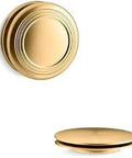 PureFlo Bath Drain Trim Trad Push Cable Drain in brushed brass, circular design, for traditional push style tub drains