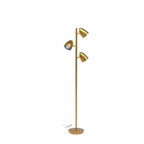 Tall LED Floor Lamp With Adjustable 3 Light Tree In Antique Brass Gold Finish For Living Rooms And Bedrooms Ultra Bright Lit Mood Lighting Great For Cozy Readings And Entertaining In Any Room, showing three adjustable heads.